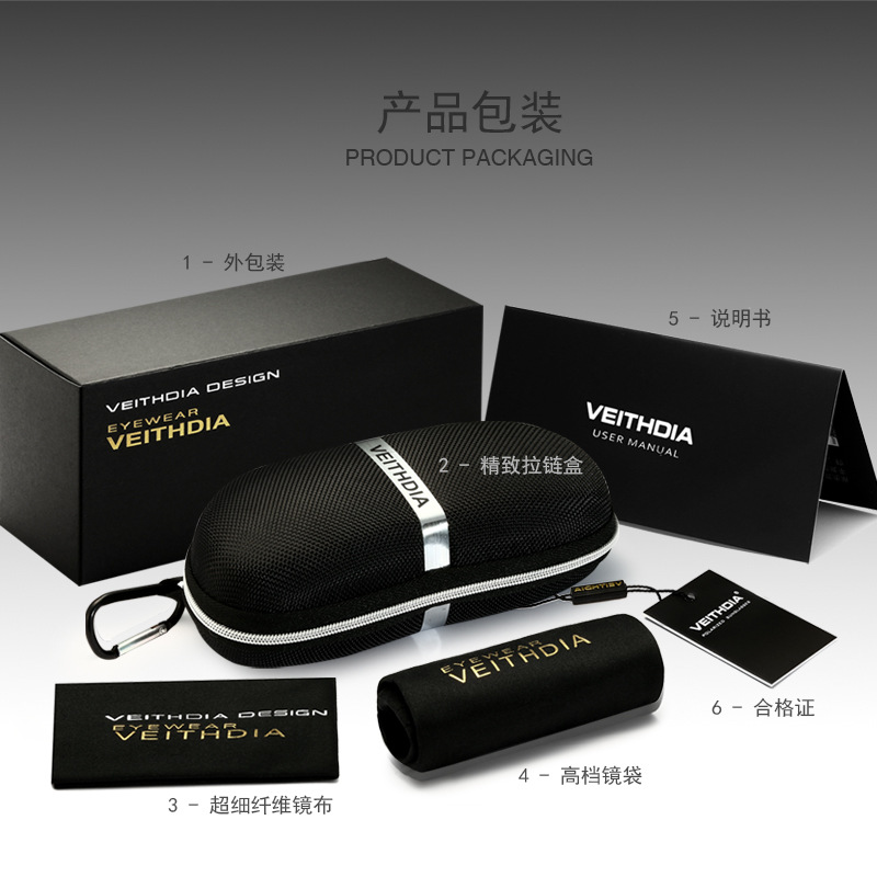 Внешняя упаковка солнцезащитных очков, салфетка для протирки линз, сумка для линз, футляр для линз, карточка для проверки поляризации, очки, маленькая отвертка