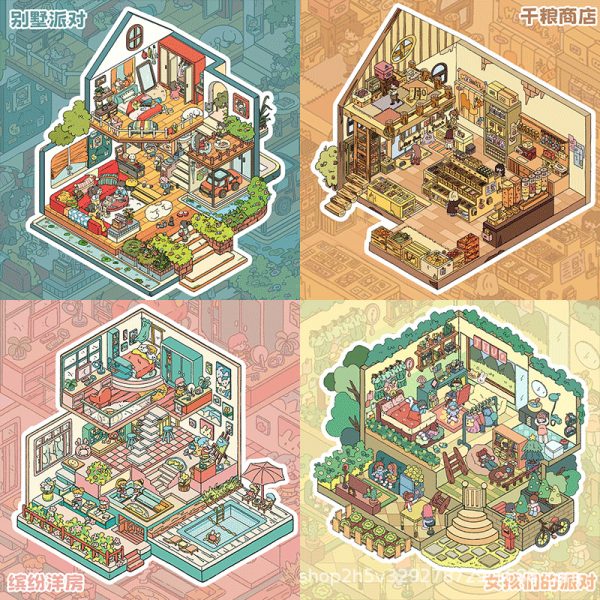 Square Box Workshop Fantasy Home Series Ландшафтные наклейки Simulation Shop House Pixel Game Series Ландшафтная сеть