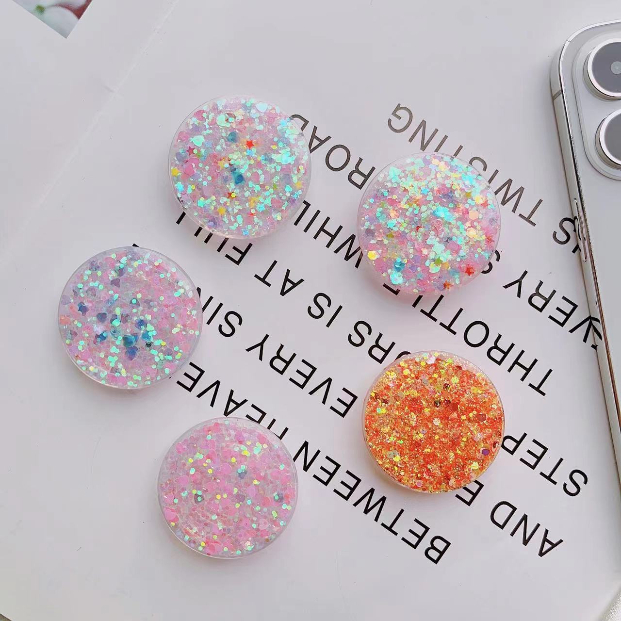 Прозрачный круглый кронштейн для мобильного телефона с блестками, мелкий порошок, пятиконечная звезда, клейкая смола, самодельный телескопический настольный кронштейн